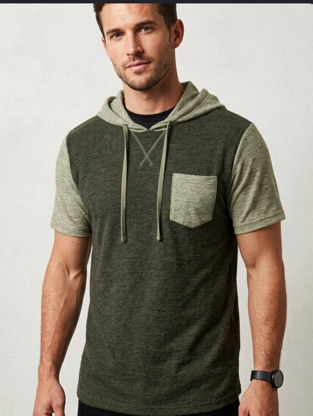 💣 3/$15 Olive green combo short sleeve hoodie shirt